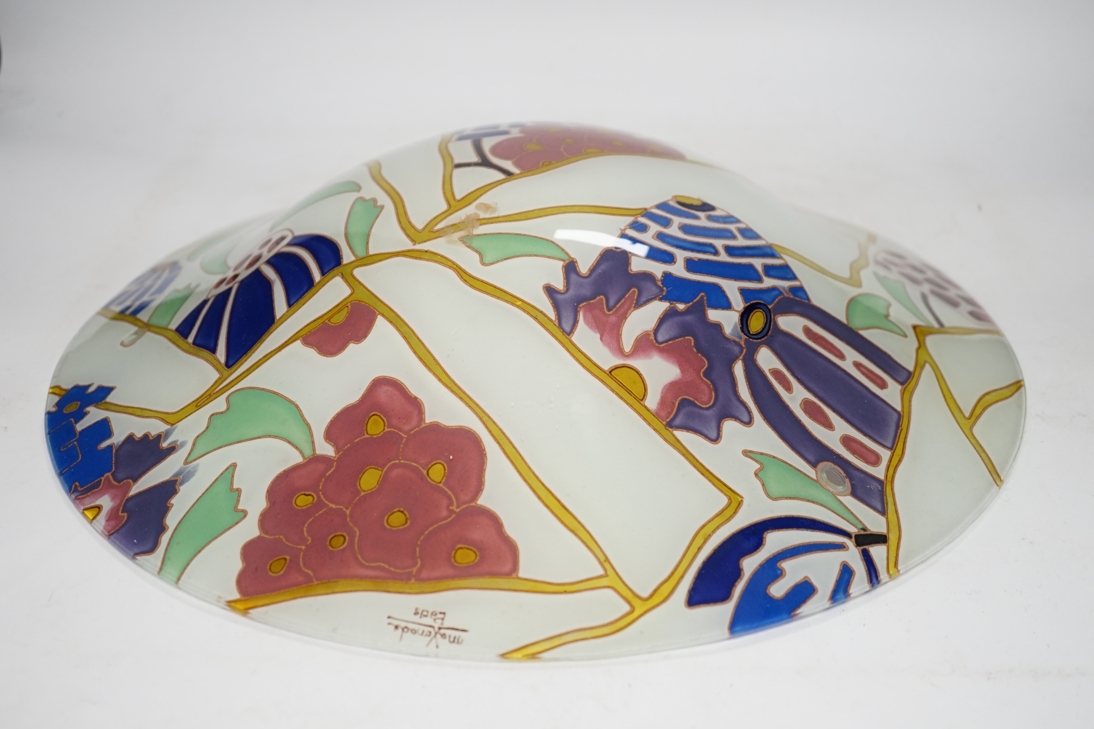 An Art Deco Maxonade Verrier, Paris, enamelled glass plafonnier, signed, 40.5cm diameter. Condition - lacking chords otherwise good